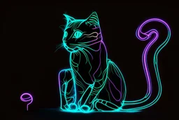 black background, outlines of a holographic question mark and contented cat drawn from thin neon-coloured glowing lines