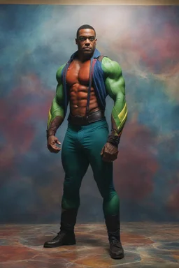 harry lennix, martian manhunter, extremely huge, overexaggerated muscles, posing and flexing in a front of the camera, random extreme action poses, an extremely colorful, multicolored foggy blue marble wall in the background with a colorful marble tile floor, multicolored lightning, realism engine,