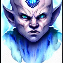 dnd, fantasy, watercolour, ilustration, halfling, artstation, realistic, ranger, infused with elemental powers of water, portrait, face, glowing blue eyes, angry, vicious