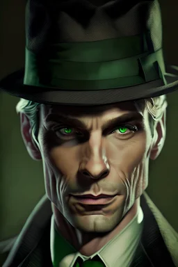 middle aged male, detective, noir, british faishon, tophat, blonde, green eyes