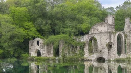 A ruined stone building partially submerged in a lake, balconies, verandas, arches, bridges, spires, stairs, trees, dense foliage, spanish moss, ivy, blue sky, white clouds