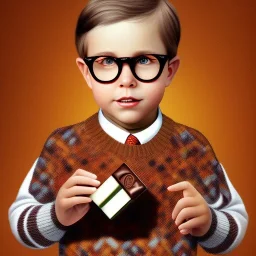 Peter Billingsley chubby boy Tortoise-shell glasses, holding a ((Dark red soap bar)) in his hand, brown argyle sweater