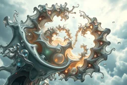 Dynamic complex hypnotic fractal 3D structures twisting and morphing between organic and geometric forms, smooth translucent iridescent glass with inner glow and bubbles, varied transparent materials, stormy skies, intense dramatic