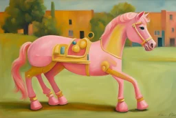 Big pink plastic toy horse.19th painting