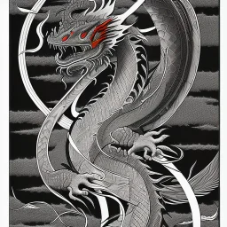 Ukiyo-e styled art, black and white picture with a red dragon