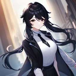 Clear focus, High resolution, short black hair, black eyes, wearing a black jacket and a white shirt, wearing a black skirt, 1girl, Genshin impact, long locks, long eyelashes, black tie