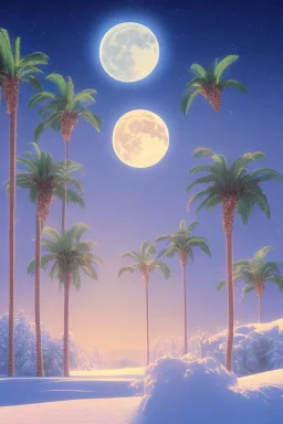 1980's aesthetic vaporwave palm trees with lighting with moon in the winter snow