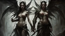 Demonic Elves with Wings, Luis Royo Style, Full Body Shot, Hyperrealistic, Photorealistic, Instant Details, darkness, by Raymond Swanland & Alyssa Monks & Anna Razumovskaya