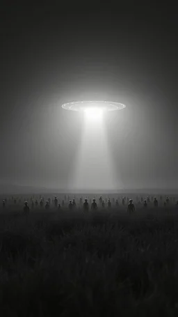 A field filled with aliens in a bright light at the end of the picture a ufo object , cinematic, 8k, in black and white