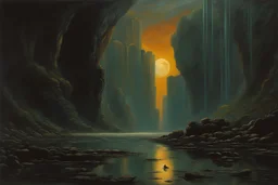 black sky, planet in the sky, epic, 90's sci-fi movies influece, cliffs, rocky land, puddle, epic, friedrich eckenfelder and hans am ende impressionism paintings
