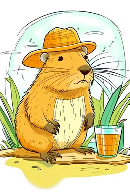 a cute drawing of a capybara drinking beer, the capybara is holding the beer glass while sitting in a camping chair with a bucket hat