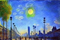 Epic futuristic street, exoplanet in the sky, claude monet impressionism painting