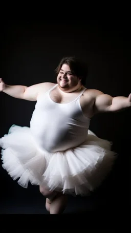 young man, obese; brown hair and fair skin, dancing in a white fluffy tutu. Full character. Elegant pose; HD, Studio shot, realistic.