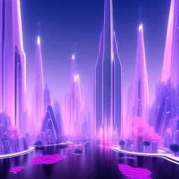 A very beautiful futuristic city, elegant, crystal edifices, atmospheric, realistic, cinematic lighting, pink blue light, 8k, galactic atmosphere, flowers