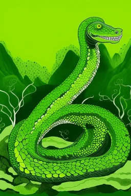 A lime green poison elemental snake designed in native American petroglyphs painted by Katsushika Hokusai