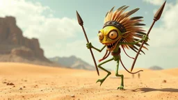 a funny crazy maniac little creature that dance in a desert, the creature is yellow and green, have big eyes and long legs, he likes to dance and jump with his spear, he ls little evil and likes to scream "Musta", and have a big mouth sharp teeth, small penis, tribal look, head dress with feathers