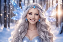 very beautiful fairy women with long hair, little smile, with cosmic silver metallic suite and brightly earings. in the background there is a bautiful little magic forest with snow and sky with stars and light beam