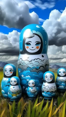A white cloudy sky with icy music notes designed in Matryoshka dolls painted by Frank Wilson