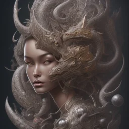 sango fantasy, fantasy magic, intricate, sharp focus, illustration, highly detailed, digital painting, concept art, matte, artgerm and paul lewin and kehinde wiley, masterpiece sexy lips Asian afro lips black African lady body mermaid Dragon head silver bright rain lady outer space pretty skull head