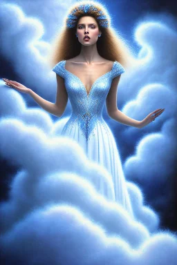 Steven Kenny style painting of a Stunningly Beautiful long haired woman wearing a white and blue gown made of fluffy clouds forming Fibonacci spirals. fantasy, surrealism, masterpiece, museum quality