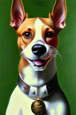 a painting of a jack russel dog, by lucian freud, textured, anatomically correct, beautiful perfect face, green eyes, sharp focus, highly detailed. desolate background. the royal tenenbaums aesthetic