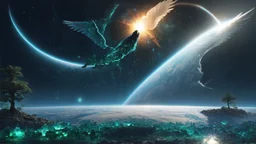 matrix universe, space, planets, god creation, angels from other dimensions with beautiful wings, trees on the planet, behind green crystals of light, few tiberium monolith deposits on the planet near tree,