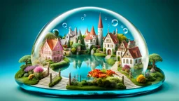 A stunning 3D render of miniature worlds, captured in floating transparent bubbles. Each bubble showcases a unique scene, such as quaint villages, mystic, gardens, tropical island, enchanting castles, alien palnet, or whimsical fairy-tale landscapes. The miniature towns with featuring quaint houses, markets, and charming residents. In the gardens colorful delicate flowers and lush greenery. The castles are majestic and grand, with towers, big gates. Unusual and captivating plants coexist with ma