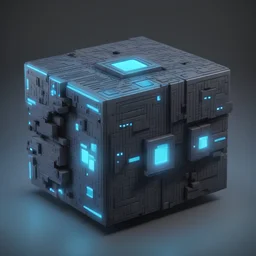 a cube of power, high quality, retro pixel art, shades of sky blue and dark grey, octane render, sci fi, anti-aliasing, 4k render, top side angle