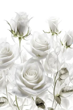 All white textured white transparent leaves of glassy roses plant in the middle of the picture , in a white background
