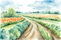 landscape with a dirt road in the middle.Big Carrots plants on both sides. clouds in the blue sky. Cartoon style. watercolor.