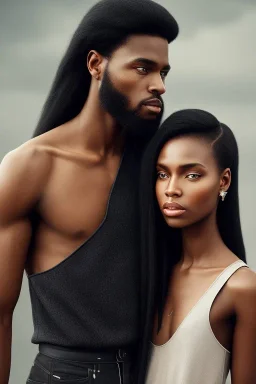 Beautiful black woman with long black hair standing next to twin brother with a scar, fantasy, ethereal, soft lighting, realistic lighting, HD 8K