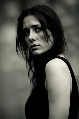 medium shot of a 30 year old woman looking away from the camera. her face has a very sad and stoic expression. tears flowing. some traces of grit. she wears a thin black shirt. three small ear piercings. digital art, black and white photography, soft focus.