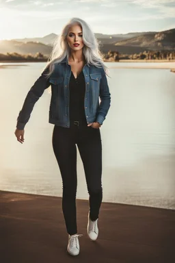 full body of very beautiful girl wearing pants and bluse and jean jacket ,white gray hair ,standing idle happy pose in studio pretty makeup