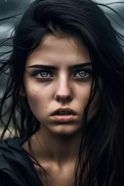beautiful, stunning, girl, hope-filled eyes, dark mood, Steve McCurry-style, black hair, stormy