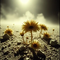 A striking quality Agfa photograph captures a wasteland with creepy odd flowers, details of the dust very accentuated, glossy organic mass, adorned with minerals and rocks. Bathed in intense light, eerie, Yves Tanguy style, black sun, fog