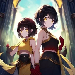 Clear focus,High resolution, Black short fluffy hair, and yellow eyes, wearing a black short skirt, sleeveless crop top, wearing long dark red gloves, yellow cloak, Holding hand out