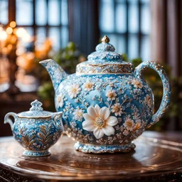 portrait of a amazing porcelain flowery teapot craved flowers. shiny glittering ornaments. gorgeous decoration, window at backgrounds. hyperdetailed, photography, bokeh, masterpiece