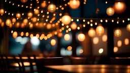 Blurred background of restaurant with abstract bokeh light. Lights decoration Party Event Festival Holiday blur background. outdoor string lights. digital ai