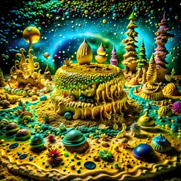 Detailed creepy landscape made of cake-frosting and modeling clay, stars and planets, Roger Dean, Tim Burton, strong texture, Ernst Haekel, extreme detail, Max Ernst, decal, rich moody colors, sparkles, bokeh, odd