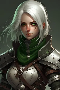 rogue assassin female leather armor white messy hair green eyes
