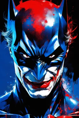 Poster, split in half, one side "batman", other side "joker", midline of the face, painting by Yoji Shinkawa, dark blue and red detailed iridescent, metallic, translucent, dramatic lighting, hyper futuristic, digital art,