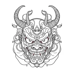 White, minimalis line art , oni mask japanes , vector, white background, outline, with images neatly contained within the background, just black and white color, tatto style.