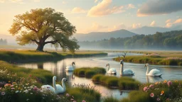 a beautiful river in country side and big tree,wild flowers and swans in river few pretty Deer with horns,butterflies around flowers,heaven escape