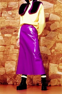 year 1996 fashion. Straight skirt, low waist. Combat hoodie with a top with long tippet, which continues to the hood, which goes across in the front. Colors: denim blue, blue, purple, cream, khaki, "pastel green", lilac, plum, orange, terracotta, red, light yellow, pink, dark blue, beige. Latex in small part. Sturgeons vulgarism pattern prints.. Missy Elliot, gwen stephani, Jennifer Lopez. Karjalainen kuvio, Karjala patterns tradiotional. Hat with a visor.