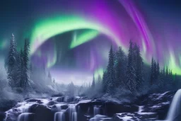 big waterfall with northern lights in summer with 2 people