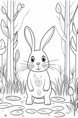 Coloring page for toodlers, with a cute forest hare, very Bold outlines and white background, minimal number of elements, very simple