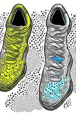 Draw two footprints. The tread pattern from the shoes is white and made entirely from the shapes of ghosts in the style of Salvador Dali’s “the face of war”. Use no more than 4 colours. Do not draw a shoe.