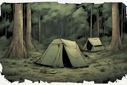 campsite, tents, overgrown, post-apocalyptic, comic book, forest