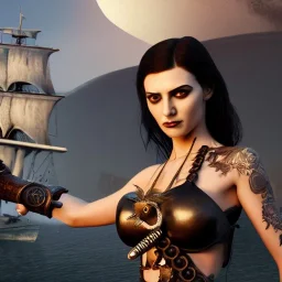 realistic, young model with dagger, short black hair flowing. holding a sword. black tatoo on arm. dressed a steampunk pirate, bra with carved leather. Salvador dalì style. Ships in background with high details. 4k, unreal engine. A owl is landing in background.