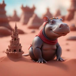 elongated female rat hippo witch in sand castle on the red sand beach ,bokeh like f/0.8, tilt-shift lens 8k, high detail, smooth render, down-light, unreal engine